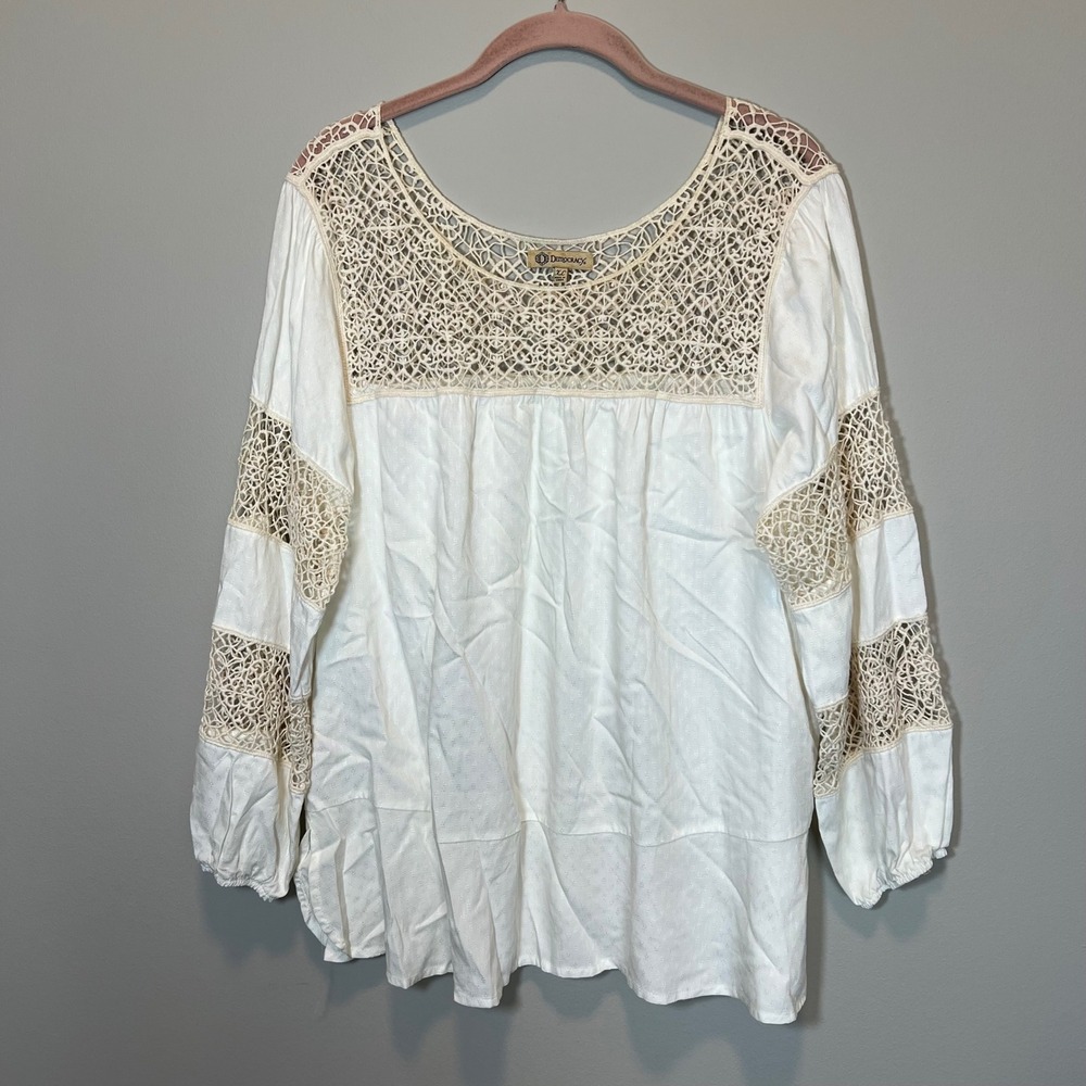Democracy Womens XL White Crochet Lace Dobby Peasant Blouse Long Sleeve Boho Top